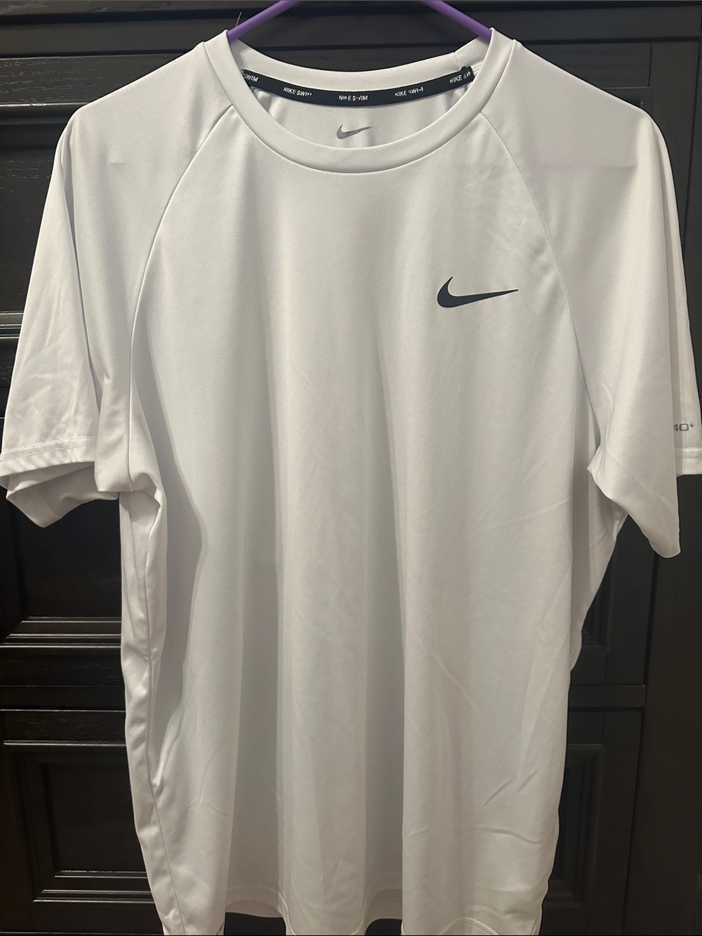 Nike Swim Men’s White Short Sleeve Dri-FIT Shirt with Black Swoosh